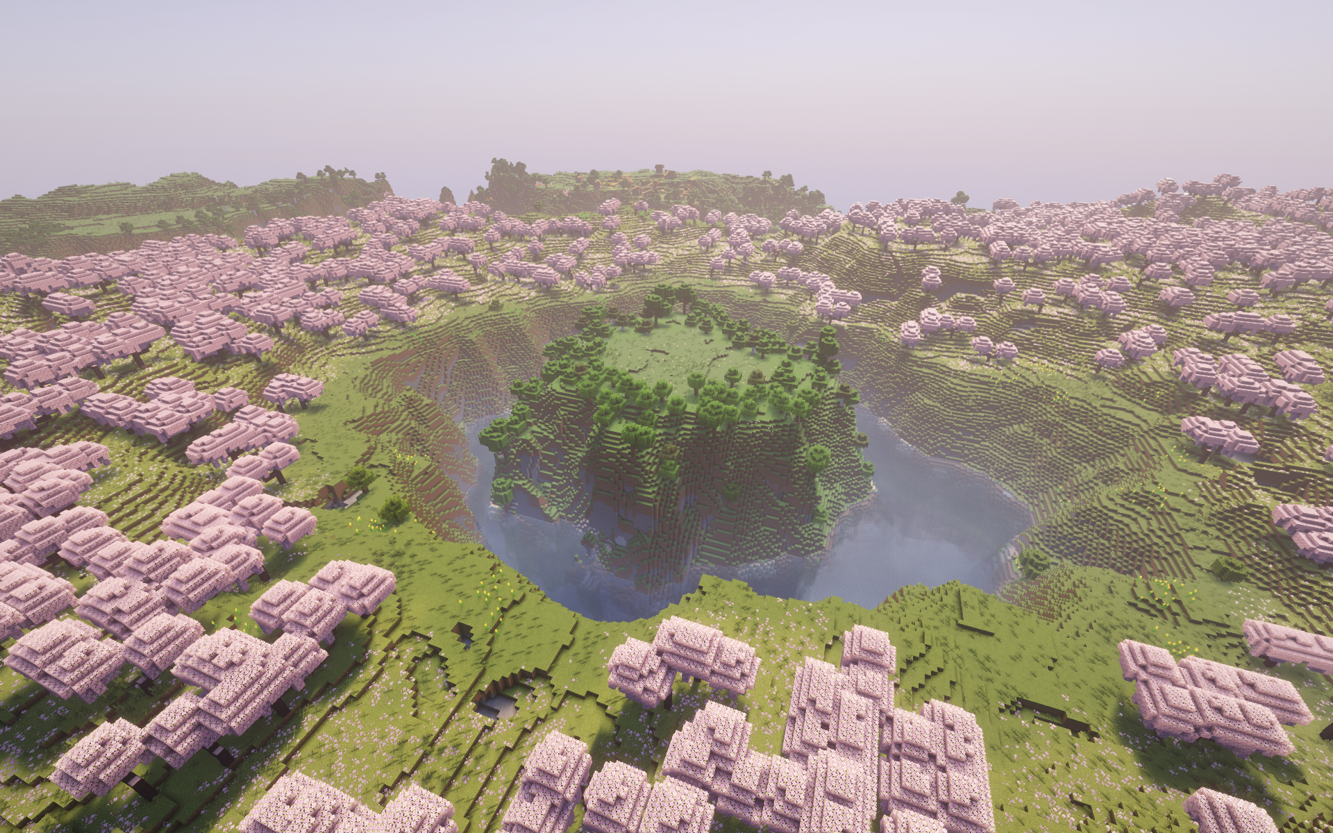 Meadow and Flower Forest Island Surrounded by a Complete Cherry Grove Ring