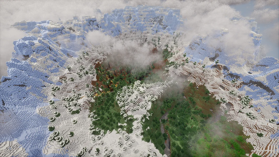 A Taiga and Village in a 400-Block-Wide Valley Surrounded by Max-Height Frozen Peaks