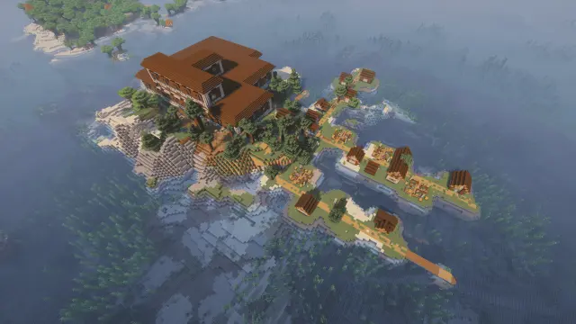 Island with Mansion and Village at Spawn