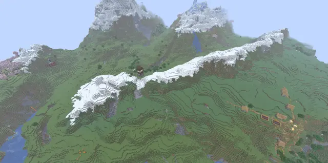 Jagged Peaks Line with a Village, Pillager Outpost and a Ruined Portal
